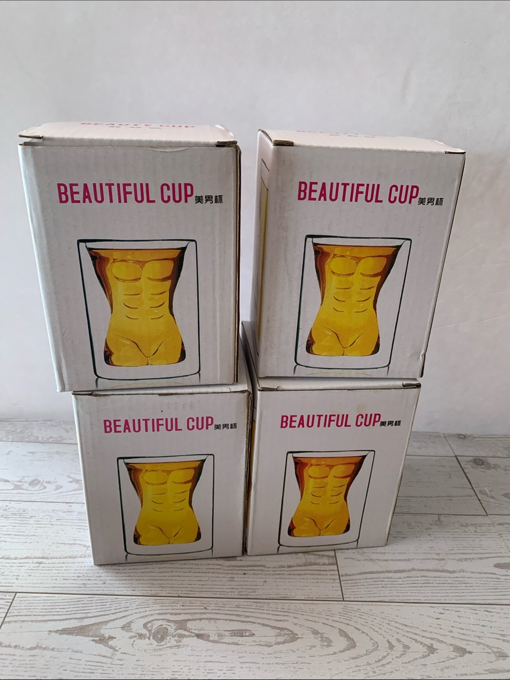 4 Sexy Naked Muscle Man Double Glass Clear Cups for Drinks